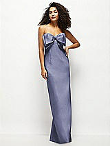 Front View Thumbnail - French Blue Strapless Satin Column Maxi Dress with Oversized Handcrafted Bow