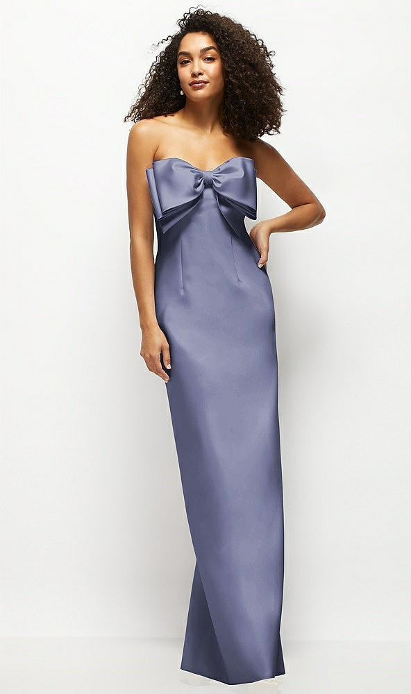 Front View - French Blue Strapless Satin Column Maxi Dress with Oversized Handcrafted Bow