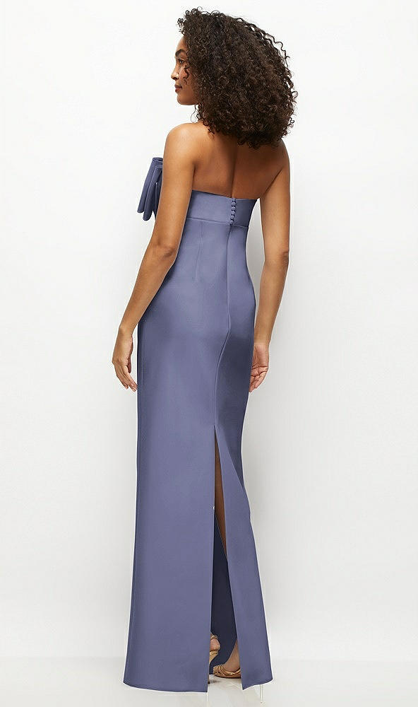 Back View - French Blue Strapless Satin Column Maxi Dress with Oversized Handcrafted Bow