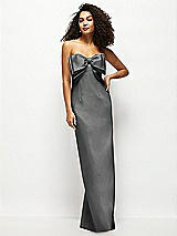Front View Thumbnail - Gunmetal Strapless Satin Column Maxi Dress with Oversized Handcrafted Bow