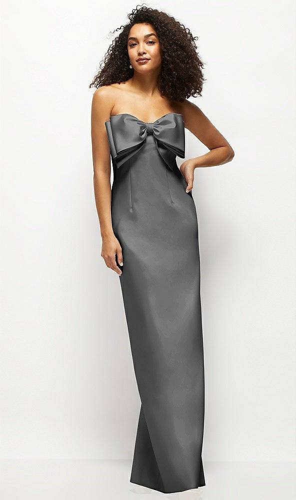 Front View - Gunmetal Strapless Satin Column Maxi Dress with Oversized Handcrafted Bow