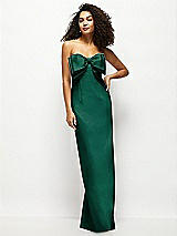 Front View Thumbnail - Hunter Green Strapless Satin Column Maxi Dress with Oversized Handcrafted Bow