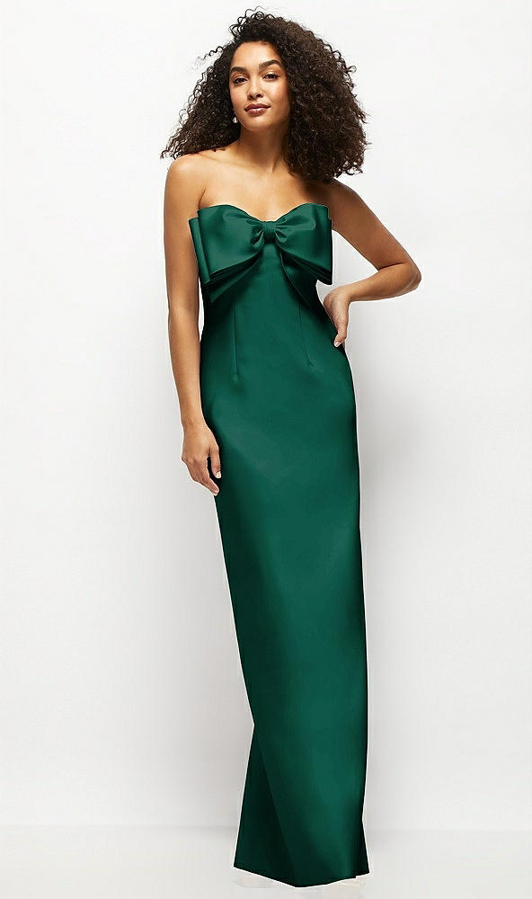 Front View - Hunter Green Strapless Satin Column Maxi Dress with Oversized Handcrafted Bow