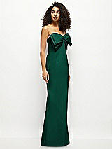 Side View Thumbnail - Hunter Green Strapless Satin Column Maxi Dress with Oversized Handcrafted Bow