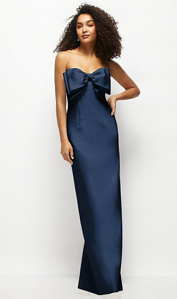 Front View - Midnight Navy Strapless Satin Column Maxi Dress with Oversized Handcrafted Bow