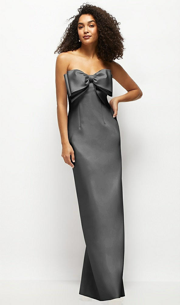 Front View - Pewter Strapless Satin Column Maxi Dress with Oversized Handcrafted Bow