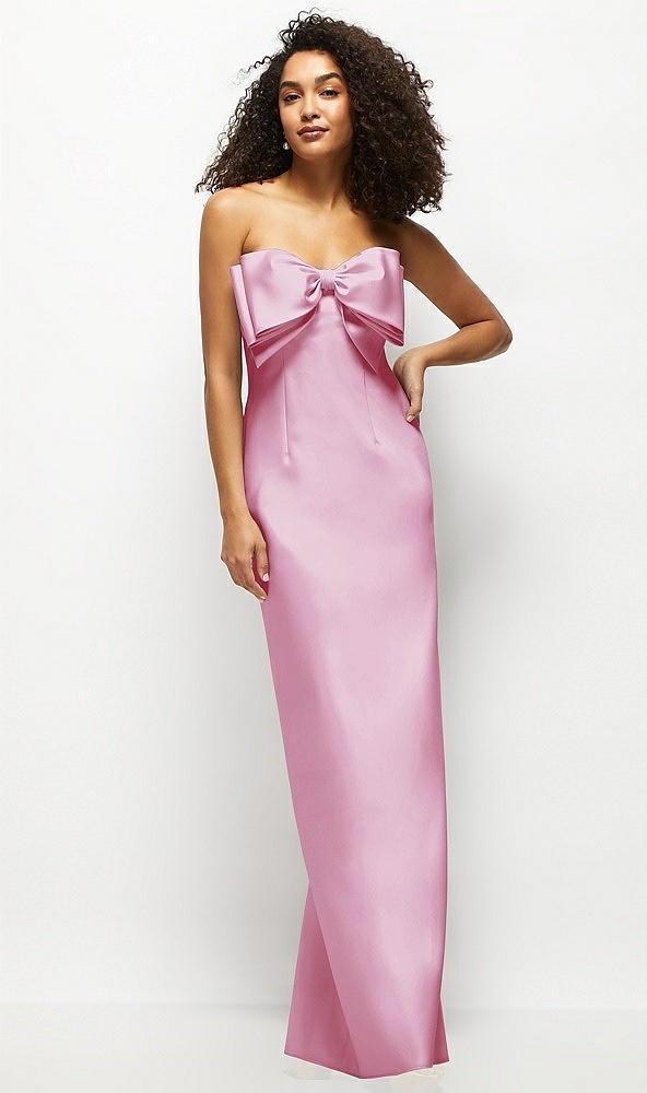 Front View - Powder Pink Strapless Satin Column Maxi Dress with Oversized Handcrafted Bow
