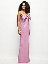 Side View Thumbnail - Powder Pink Strapless Satin Column Maxi Dress with Oversized Handcrafted Bow
