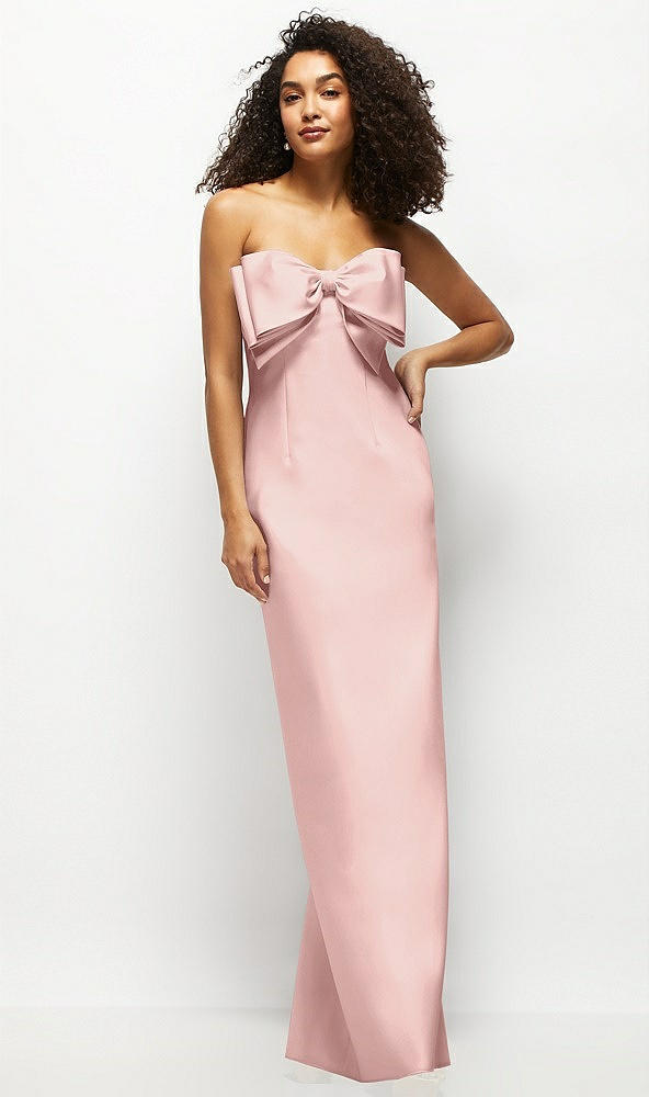 Front View - Rose - PANTONE Rose Quartz Strapless Satin Column Maxi Dress with Oversized Handcrafted Bow