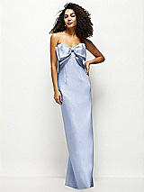 Front View Thumbnail - Sky Blue Strapless Satin Column Maxi Dress with Oversized Handcrafted Bow