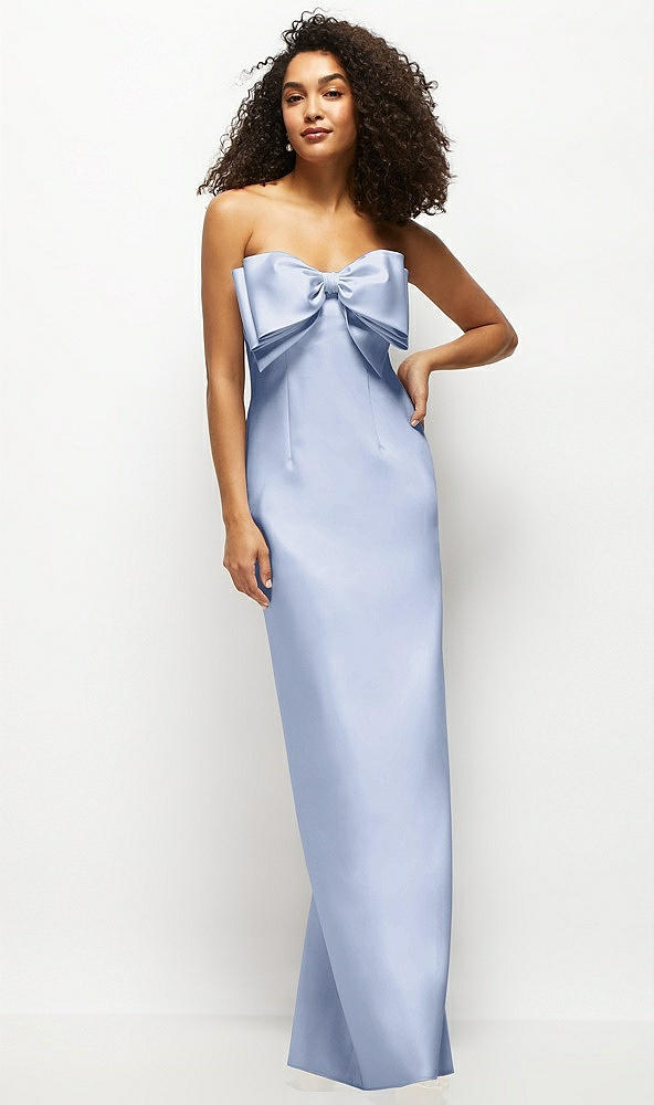 Front View - Sky Blue Strapless Satin Column Maxi Dress with Oversized Handcrafted Bow