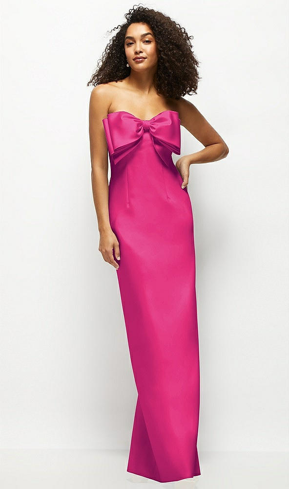 Front View - Think Pink Strapless Satin Column Maxi Dress with Oversized Handcrafted Bow