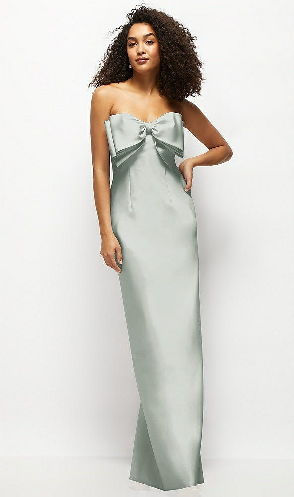 Front View - Willow Green Strapless Satin Column Maxi Dress with Oversized Handcrafted Bow
