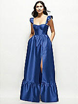 Front View Thumbnail - Classic Blue Satin Corset Maxi Dress with Ruffle Straps & Skirt