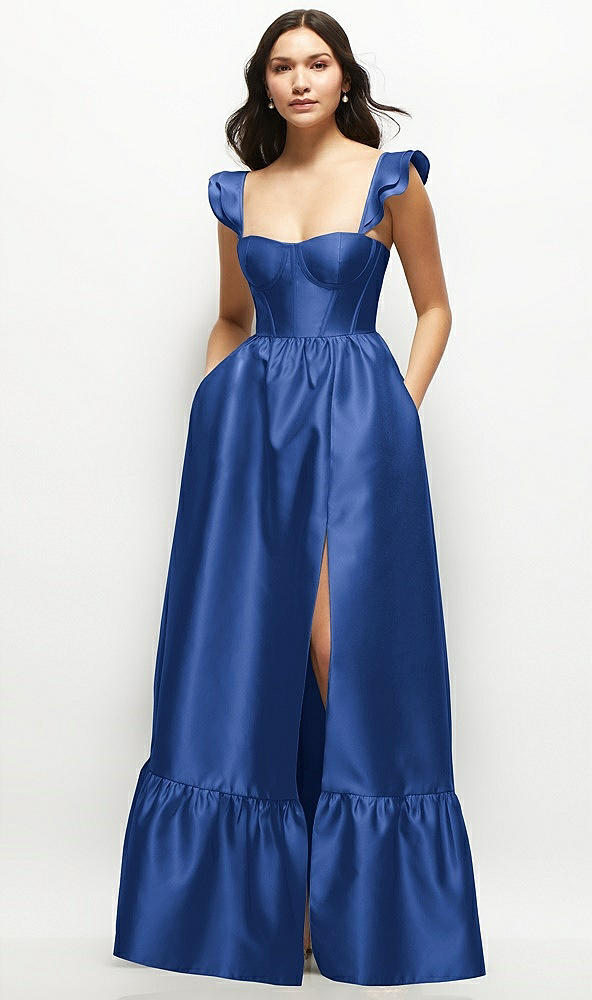 Front View - Classic Blue Satin Corset Maxi Dress with Ruffle Straps & Skirt