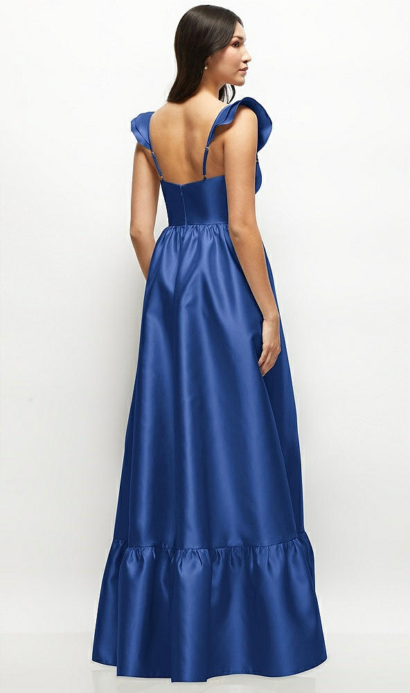 Back View - Classic Blue Satin Corset Maxi Dress with Ruffle Straps & Skirt