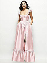 Front View Thumbnail - Ballet Pink Satin Corset Maxi Dress with Ruffle Straps & Skirt