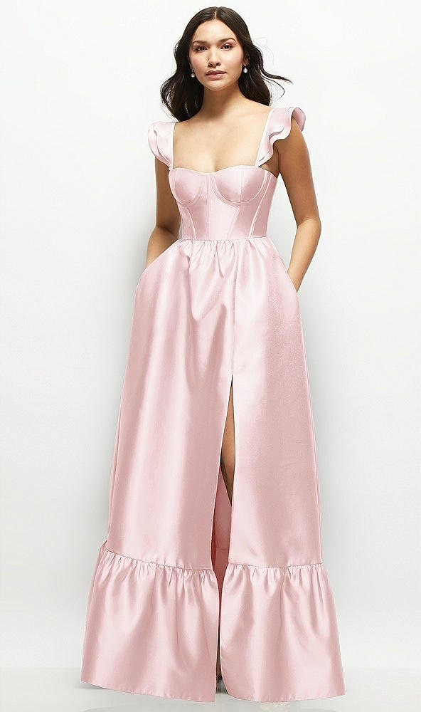 Front View - Ballet Pink Satin Corset Maxi Dress with Ruffle Straps & Skirt
