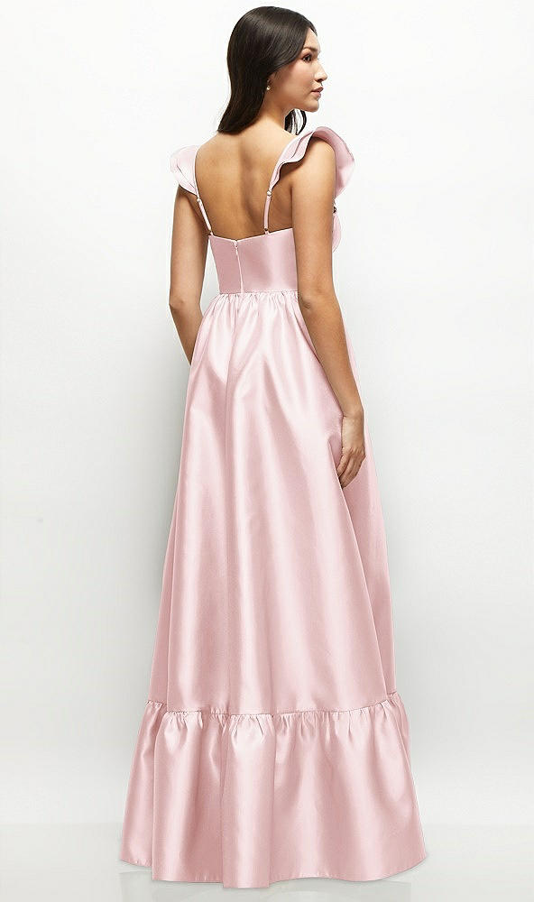 Back View - Ballet Pink Satin Corset Maxi Dress with Ruffle Straps & Skirt