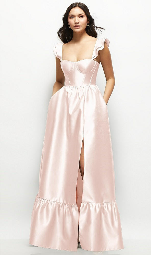 Front View - Blush Satin Corset Maxi Dress with Ruffle Straps & Skirt