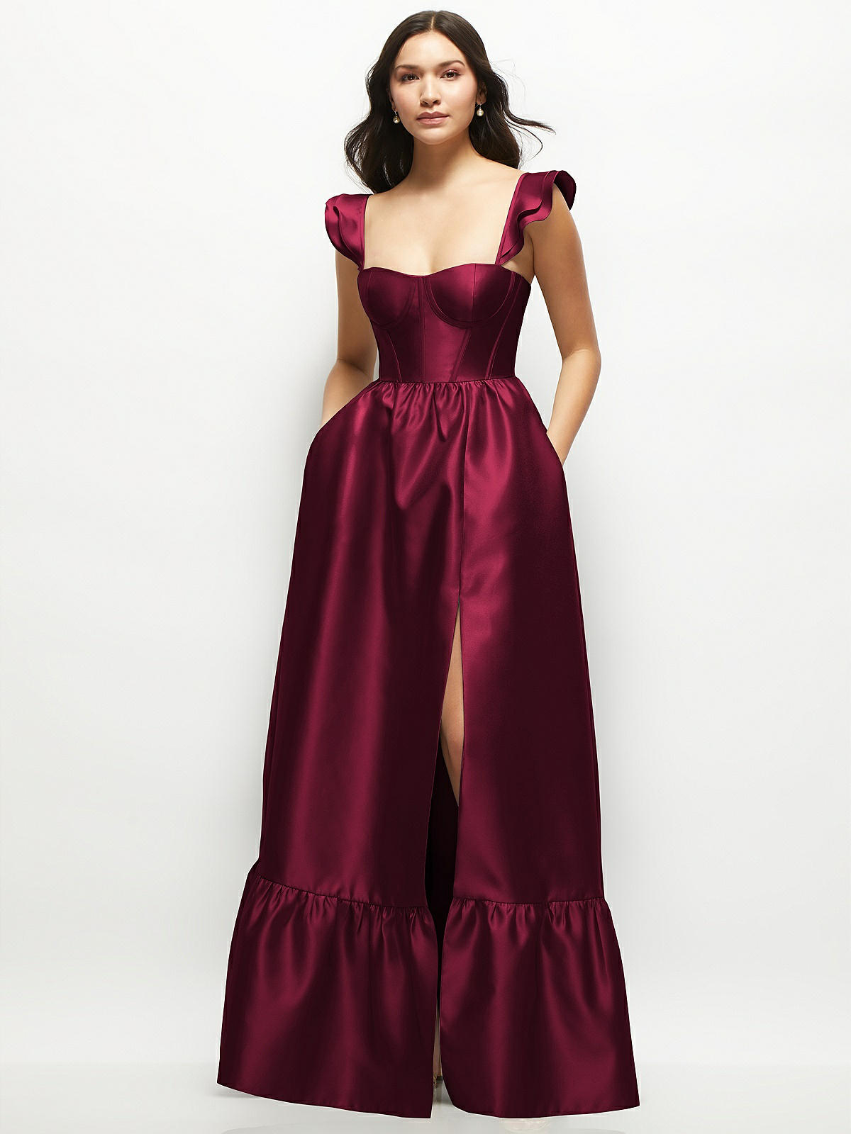 Satin Corset Maxi Bridesmaid Dress With Ruffle Straps & Skirt In ...