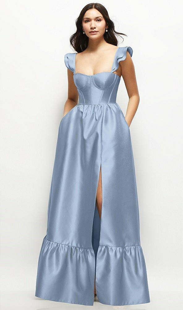 Front View - Cloudy Satin Corset Maxi Dress with Ruffle Straps & Skirt