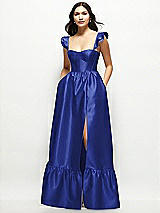Front View Thumbnail - Cobalt Blue Satin Corset Maxi Dress with Ruffle Straps & Skirt