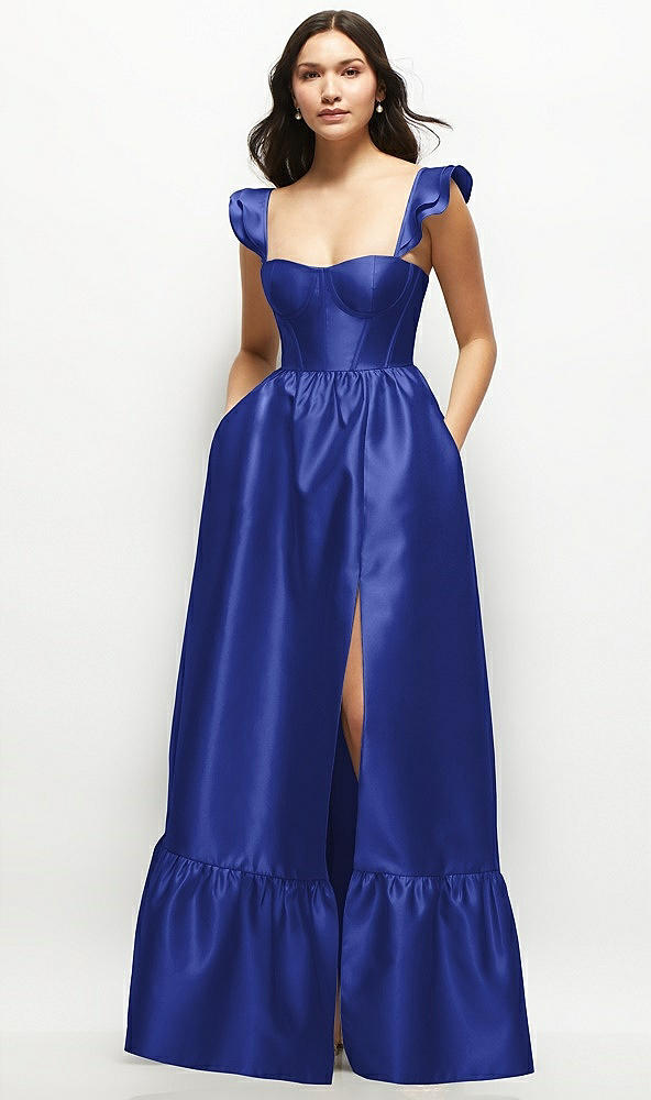 Front View - Cobalt Blue Satin Corset Maxi Dress with Ruffle Straps & Skirt