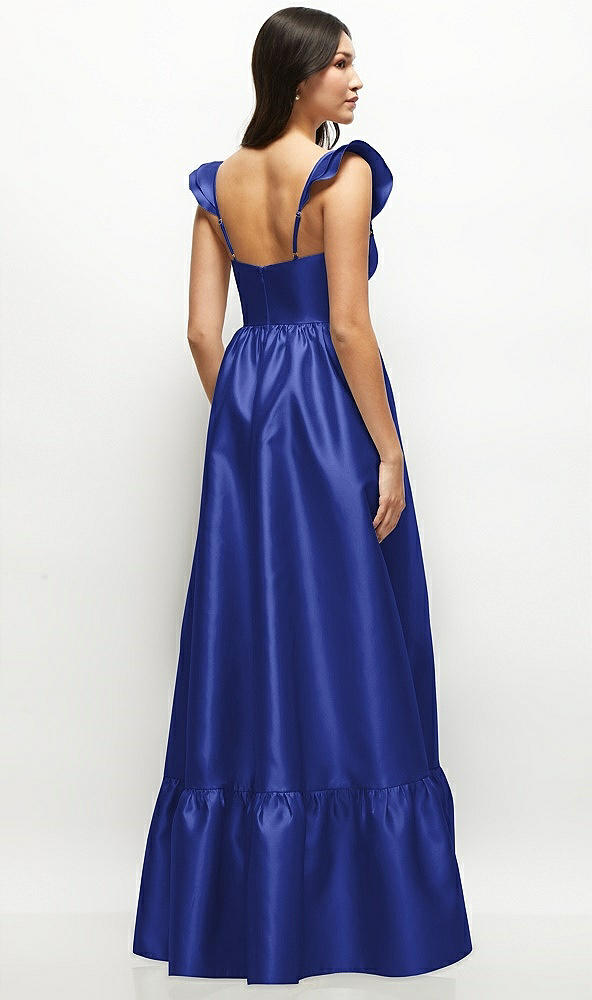 Back View - Cobalt Blue Satin Corset Maxi Dress with Ruffle Straps & Skirt