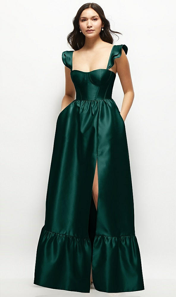Front View - Evergreen Satin Corset Maxi Dress with Ruffle Straps & Skirt