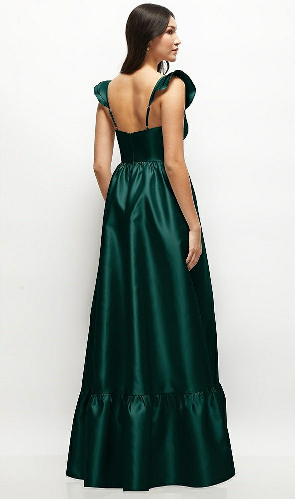 Back View - Evergreen Satin Corset Maxi Dress with Ruffle Straps & Skirt