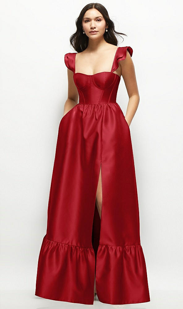 Front View - Garnet Satin Corset Maxi Dress with Ruffle Straps & Skirt