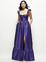Front View Thumbnail - Grape Satin Corset Maxi Dress with Ruffle Straps & Skirt
