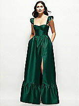 Front View Thumbnail - Hunter Green Satin Corset Maxi Dress with Ruffle Straps & Skirt