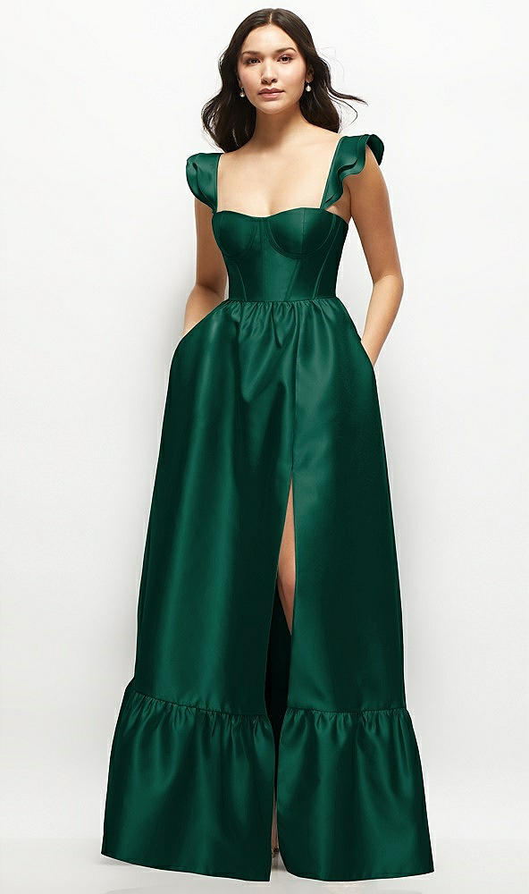 Front View - Hunter Green Satin Corset Maxi Dress with Ruffle Straps & Skirt