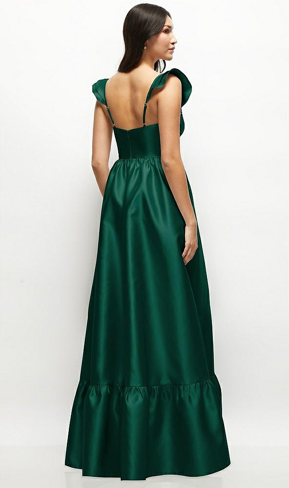 Back View - Hunter Green Satin Corset Maxi Dress with Ruffle Straps & Skirt
