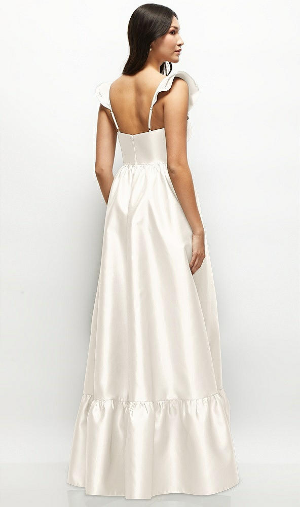 Back View - Ivory Satin Corset Maxi Dress with Ruffle Straps & Skirt