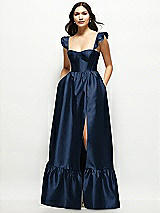 Front View Thumbnail - Midnight Navy Satin Corset Maxi Dress with Ruffle Straps & Skirt
