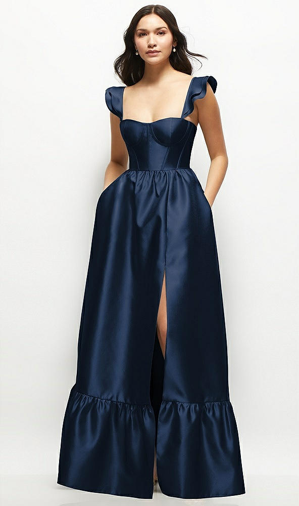 Front View - Midnight Navy Satin Corset Maxi Dress with Ruffle Straps & Skirt