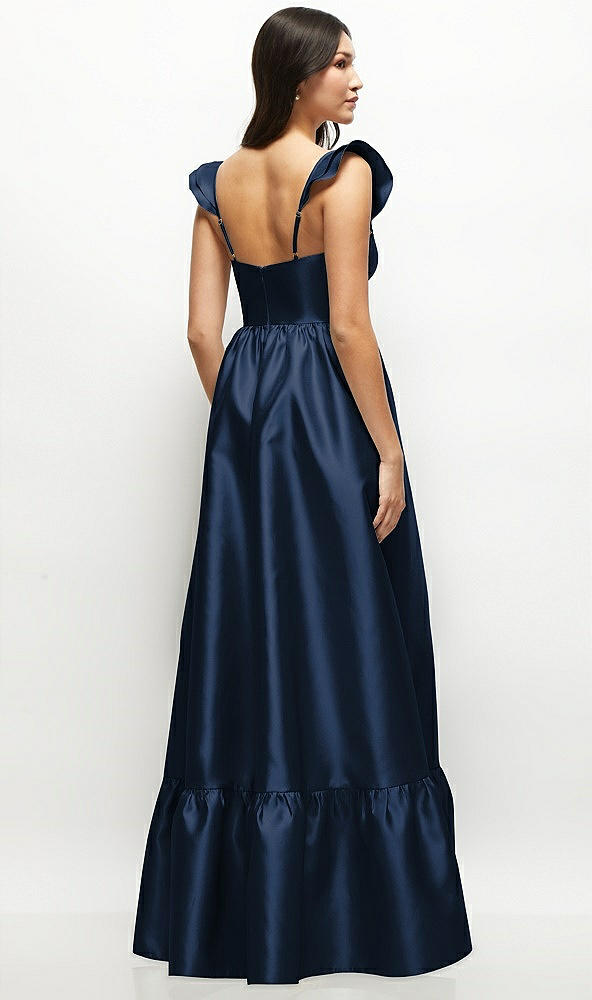 Back View - Midnight Navy Satin Corset Maxi Dress with Ruffle Straps & Skirt