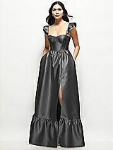Front View Thumbnail - Pewter Satin Corset Maxi Dress with Ruffle Straps & Skirt