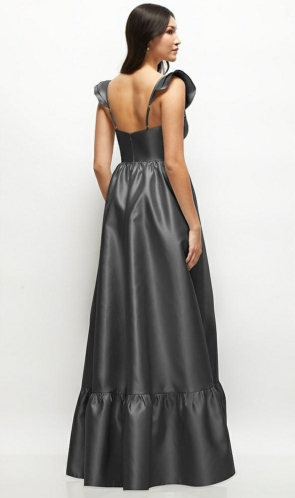 Back View - Pewter Satin Corset Maxi Dress with Ruffle Straps & Skirt