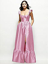 Front View Thumbnail - Powder Pink Satin Corset Maxi Dress with Ruffle Straps & Skirt