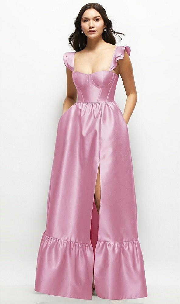 Front View - Powder Pink Satin Corset Maxi Dress with Ruffle Straps & Skirt