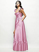 Side View Thumbnail - Powder Pink Satin Corset Maxi Dress with Ruffle Straps & Skirt