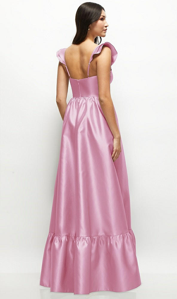 Back View - Powder Pink Satin Corset Maxi Dress with Ruffle Straps & Skirt