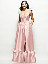 Front View Thumbnail - Rose - PANTONE Rose Quartz Satin Corset Maxi Dress with Ruffle Straps & Skirt