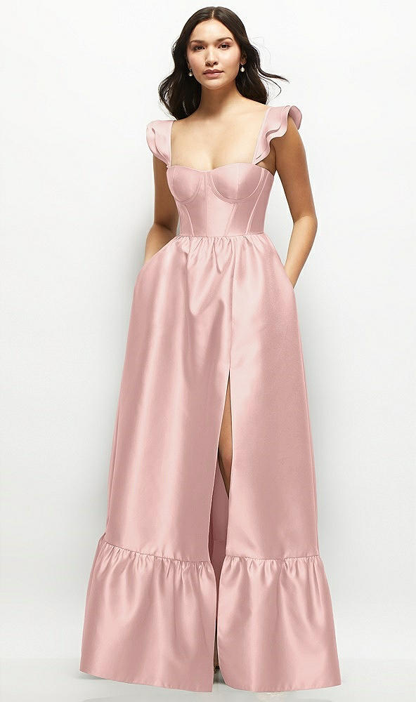 Front View - Rose - PANTONE Rose Quartz Satin Corset Maxi Dress with Ruffle Straps & Skirt