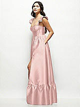 Side View Thumbnail - Rose - PANTONE Rose Quartz Satin Corset Maxi Dress with Ruffle Straps & Skirt