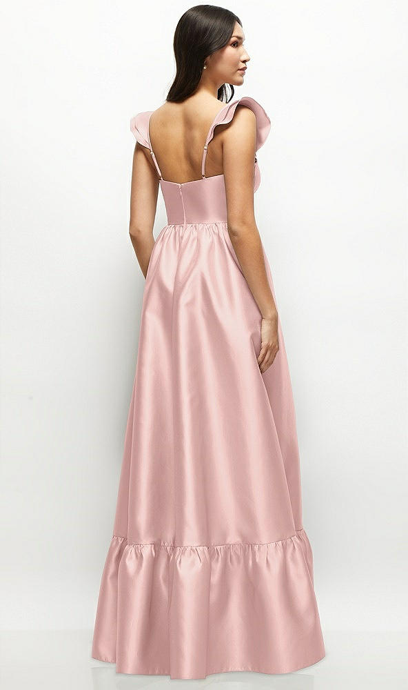Back View - Rose - PANTONE Rose Quartz Satin Corset Maxi Dress with Ruffle Straps & Skirt